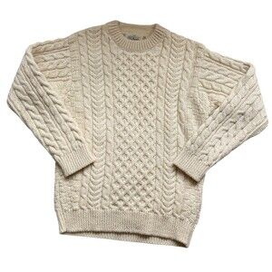 VTG LL Bean Irish Aran Wool Cable Knit Fisherman Sweater Mens M Ivory Heritage